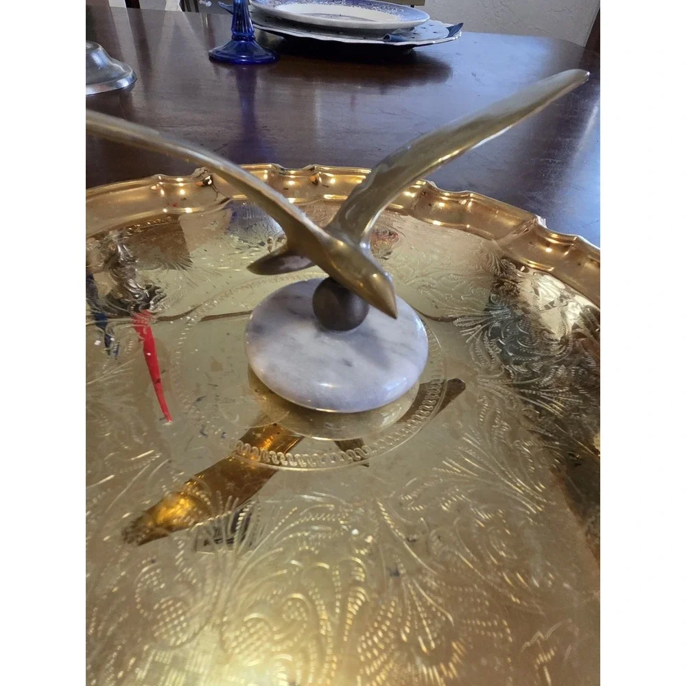 Vintage Brass Seagull On Marble Base, Nautical, Coastal